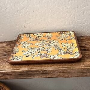 Creative Co-Op Yellow with White Flowers Decorative Square Wooden Tray 10”